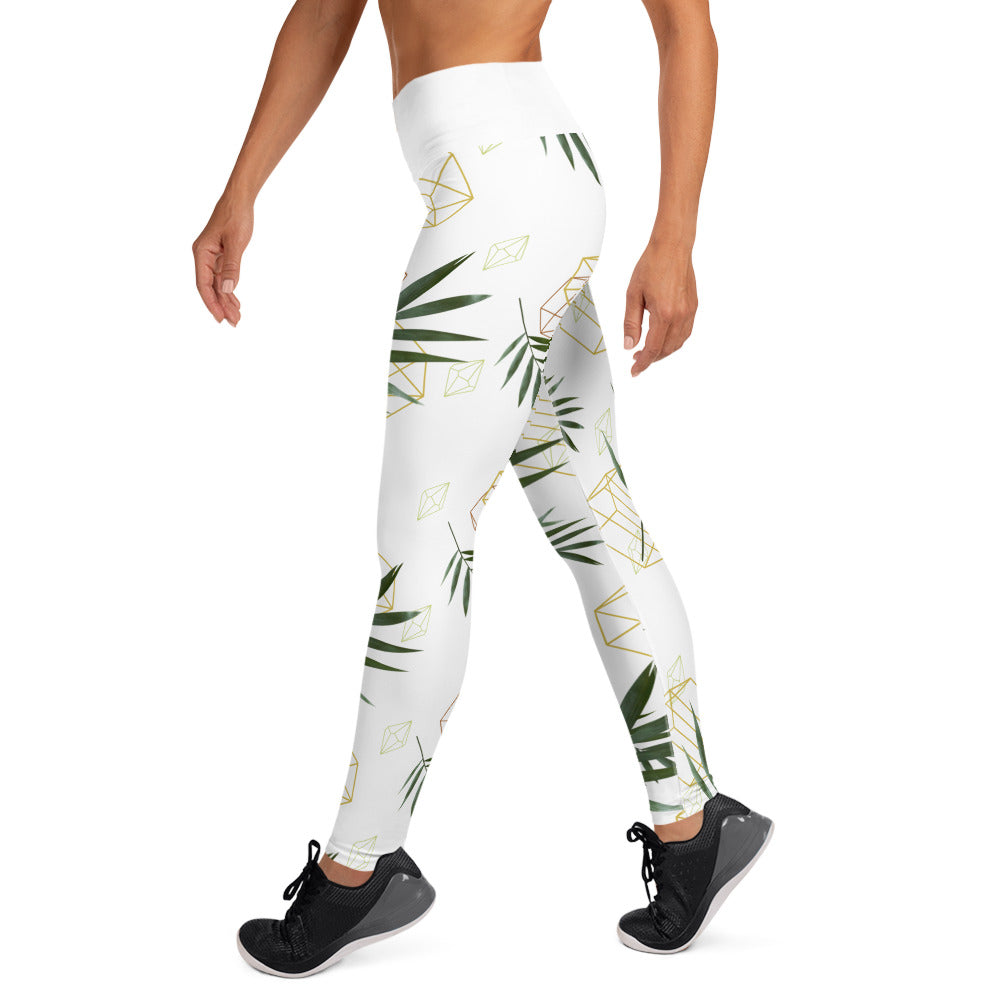 Geometric Leaves Yoga Leggings - White