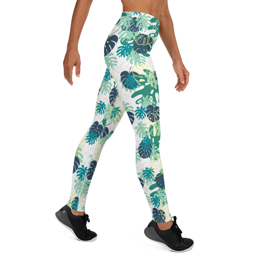 Mixed Leaves Yoga Leggings -  Blue and White