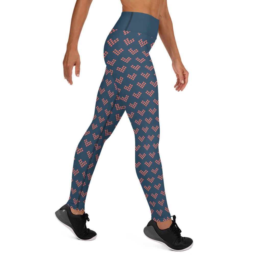 Pink Pixel Heart Yoga Leggings - Blue