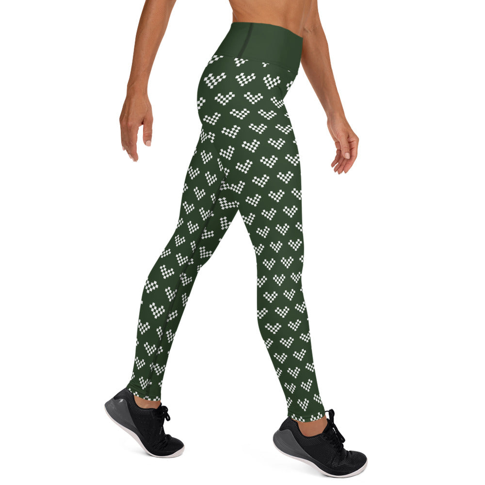 Pixel Heart White Yoga Leggings - Army Green