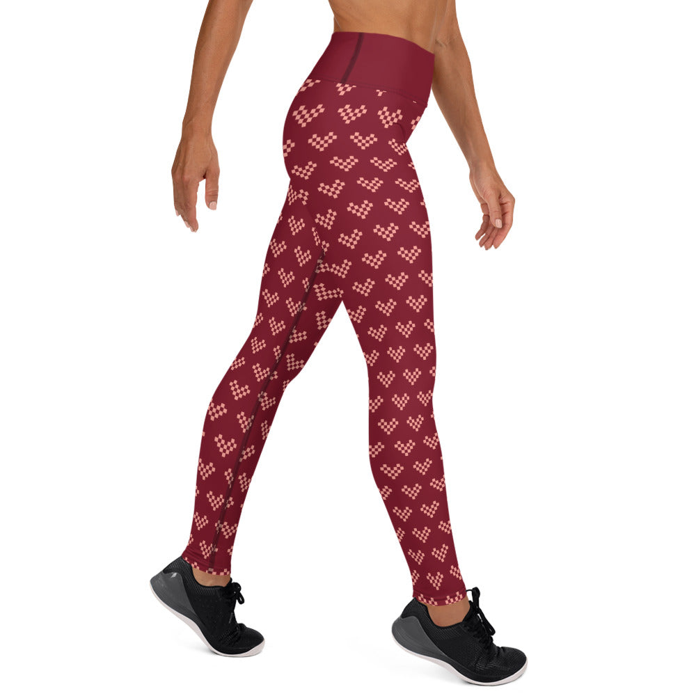 Pink Pixel Heart Yoga Leggings - Burgundy