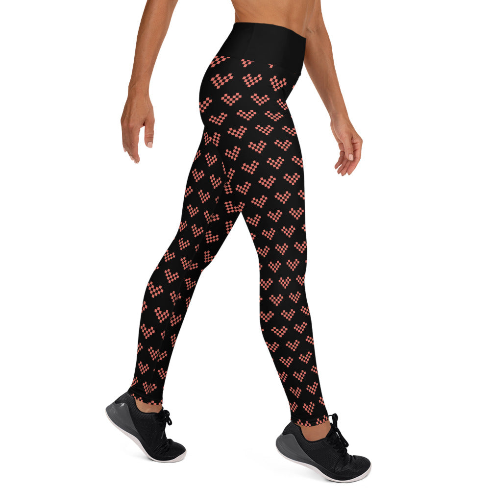 Pink Pixel Heart Yoga Leggings - Black