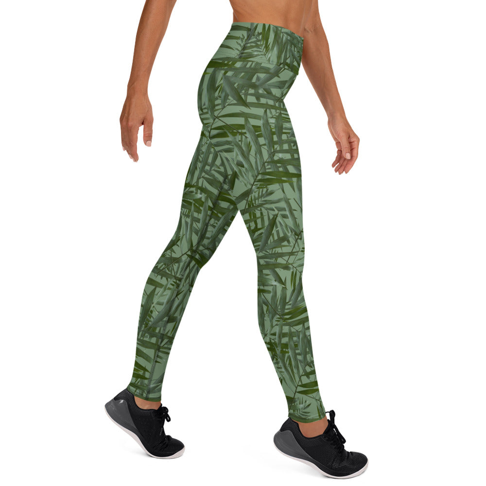 Scattered Leaves Yoga Leggings Printed Band - Green