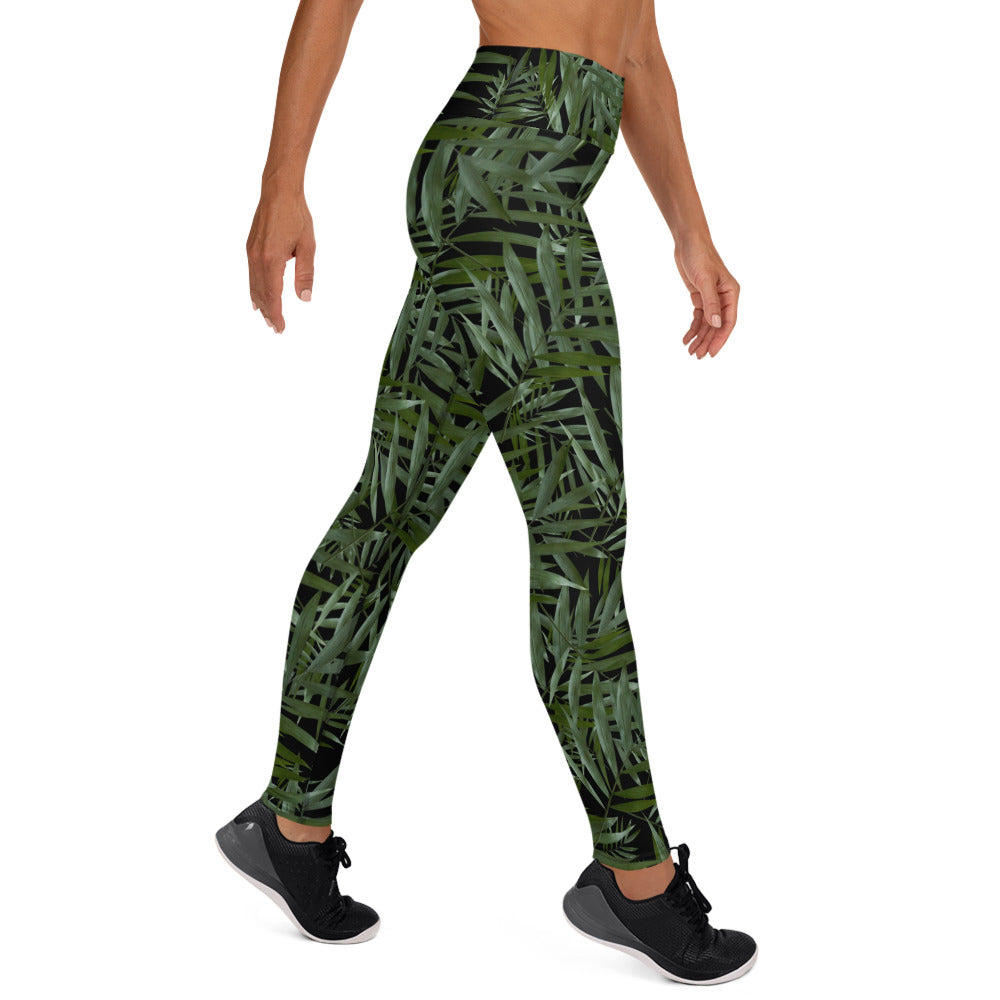 Scattered Leaves Yoga Leggings Printed Band - Black