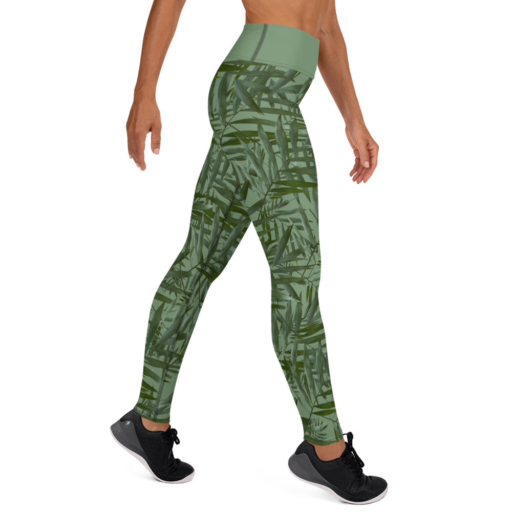 Scattered Leaves Yoga Leggings  With Band - Green