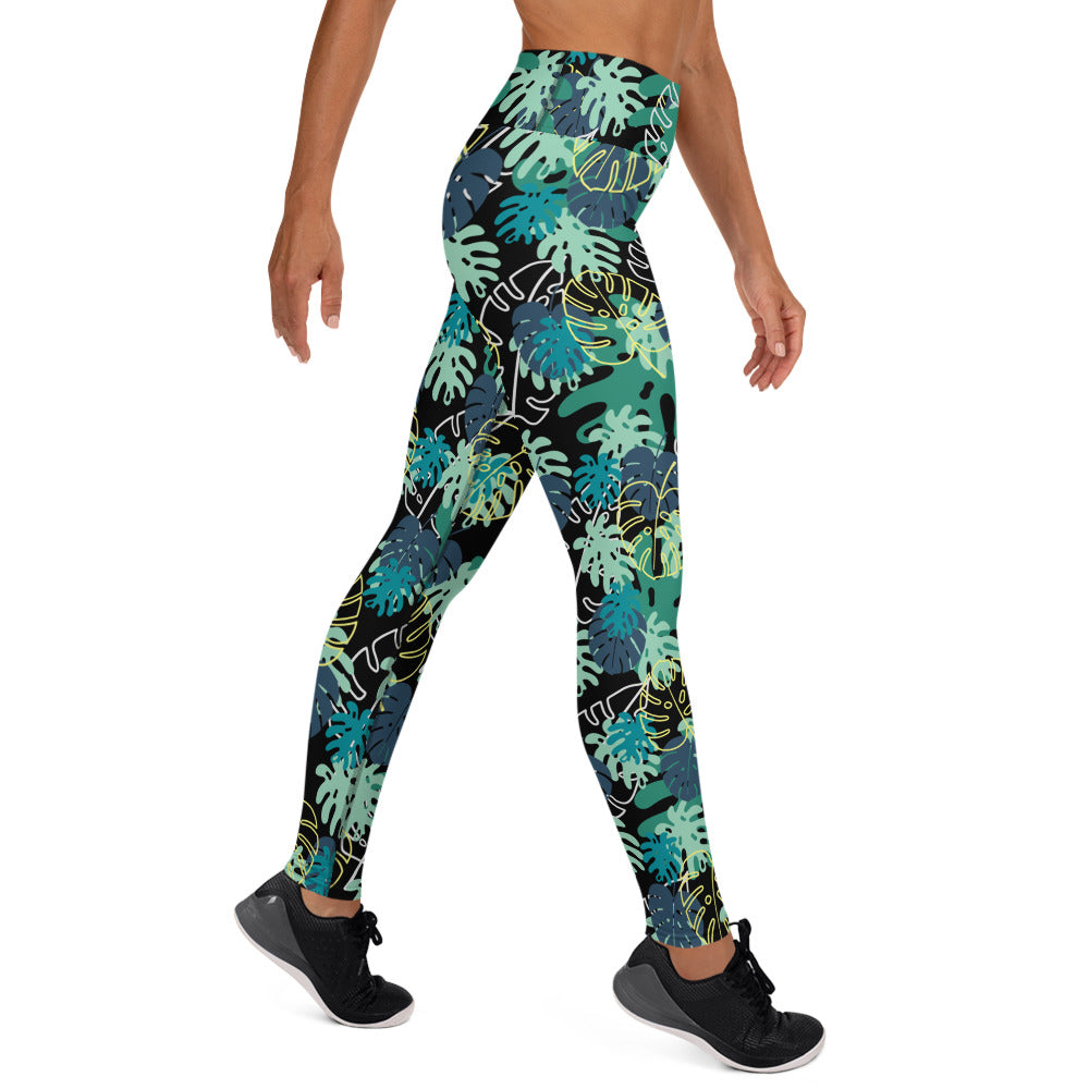 Mixed Leaves Yoga Leggings - Blue