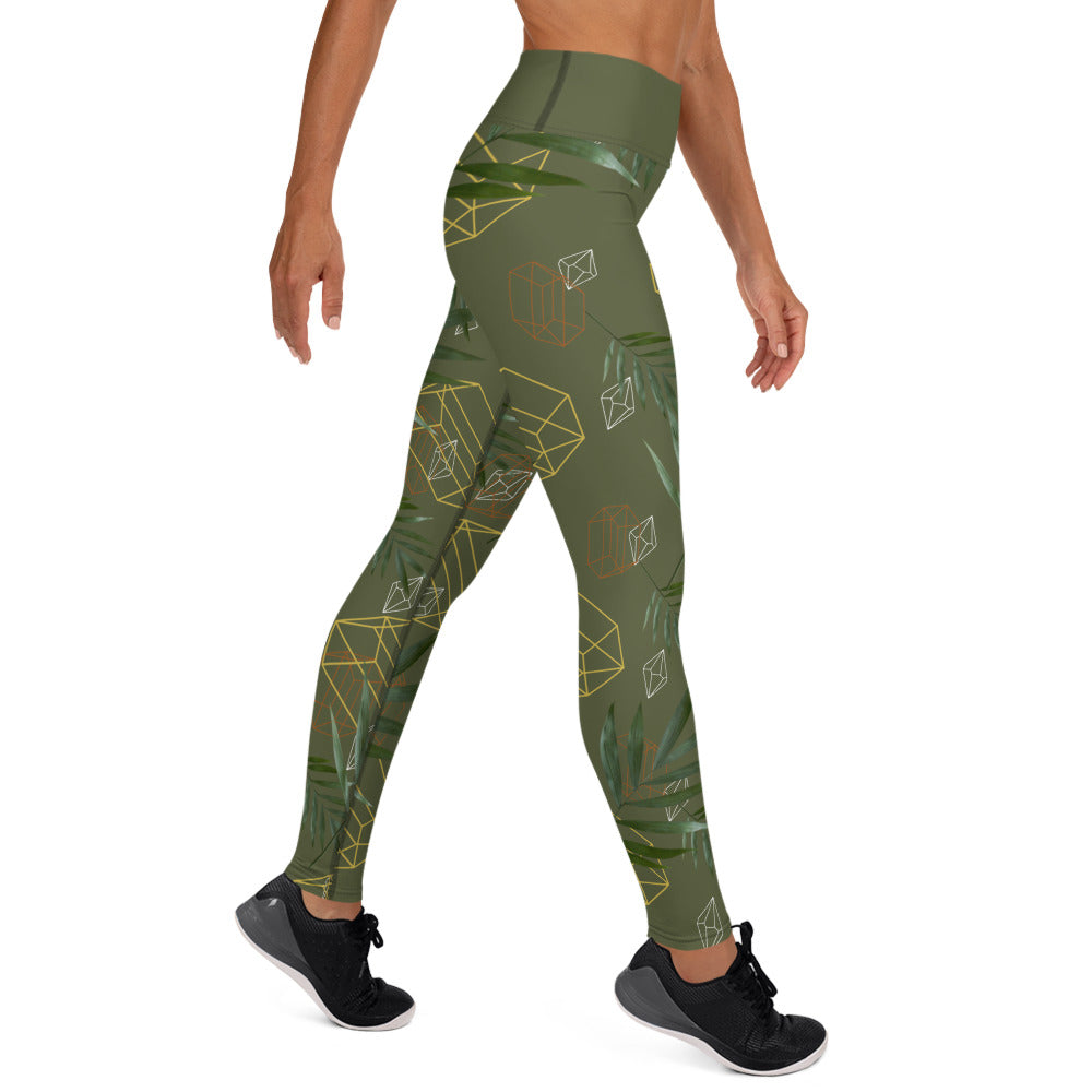 Geometric Leaves Yoga Leggings - Green