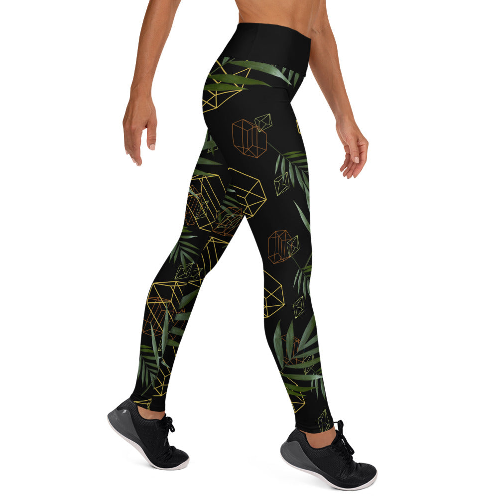 Geometric Leaves Yoga Leggings - Black