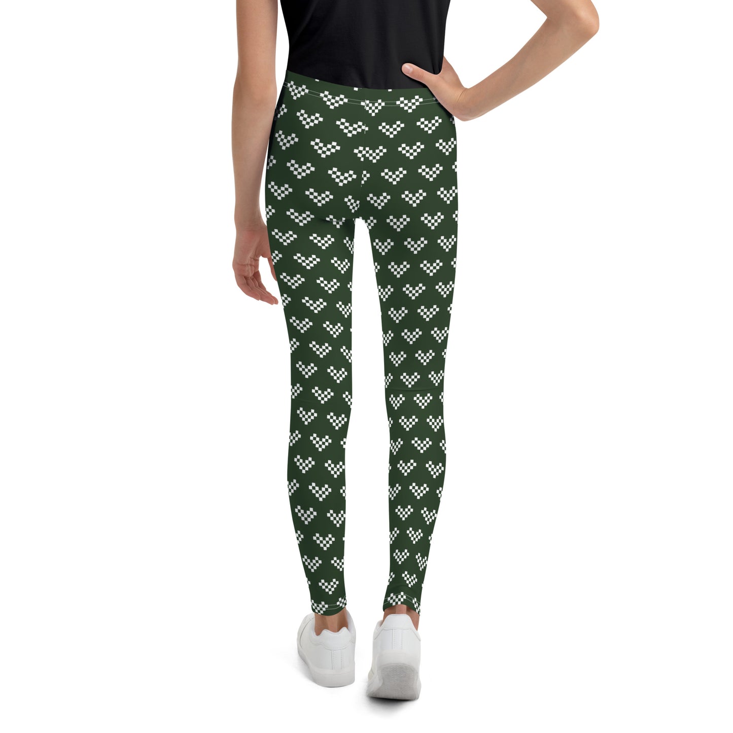 Pixel White Heart Leggings Youth - Army Green