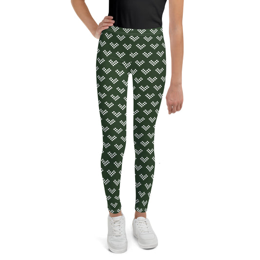 Pixel White Heart Leggings Youth - Army Green