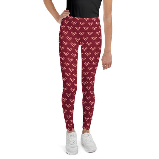 Pixel Pink Heart Leggings Youth - Burgundy