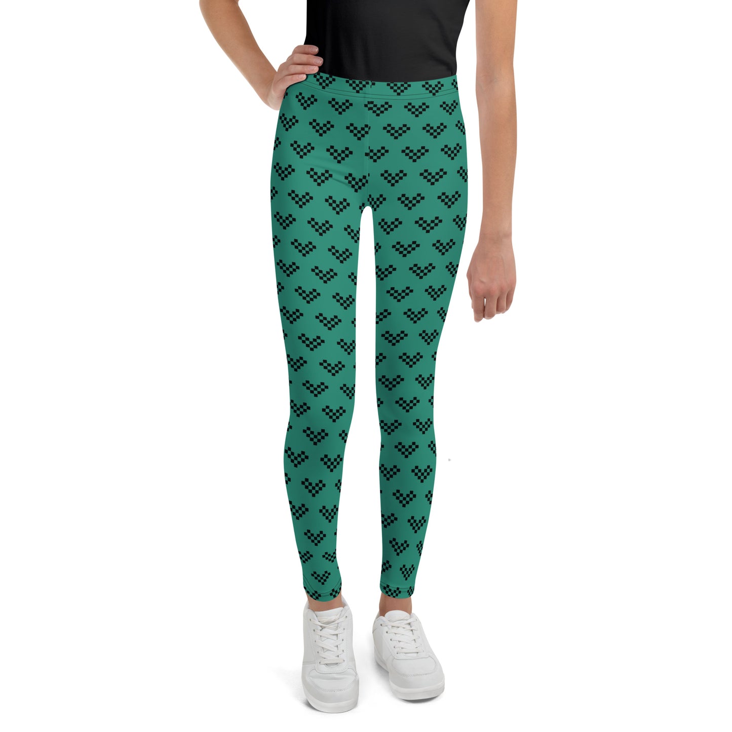 Pixel Black Heart Leggings Youth - Aqua