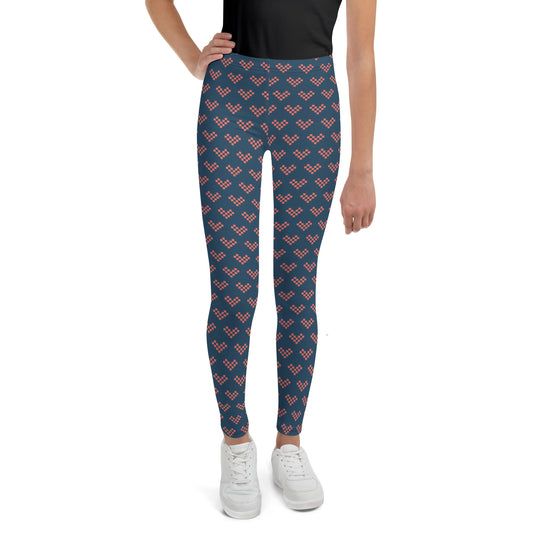 Pink Pixel Heart Youth Leggings - Blue