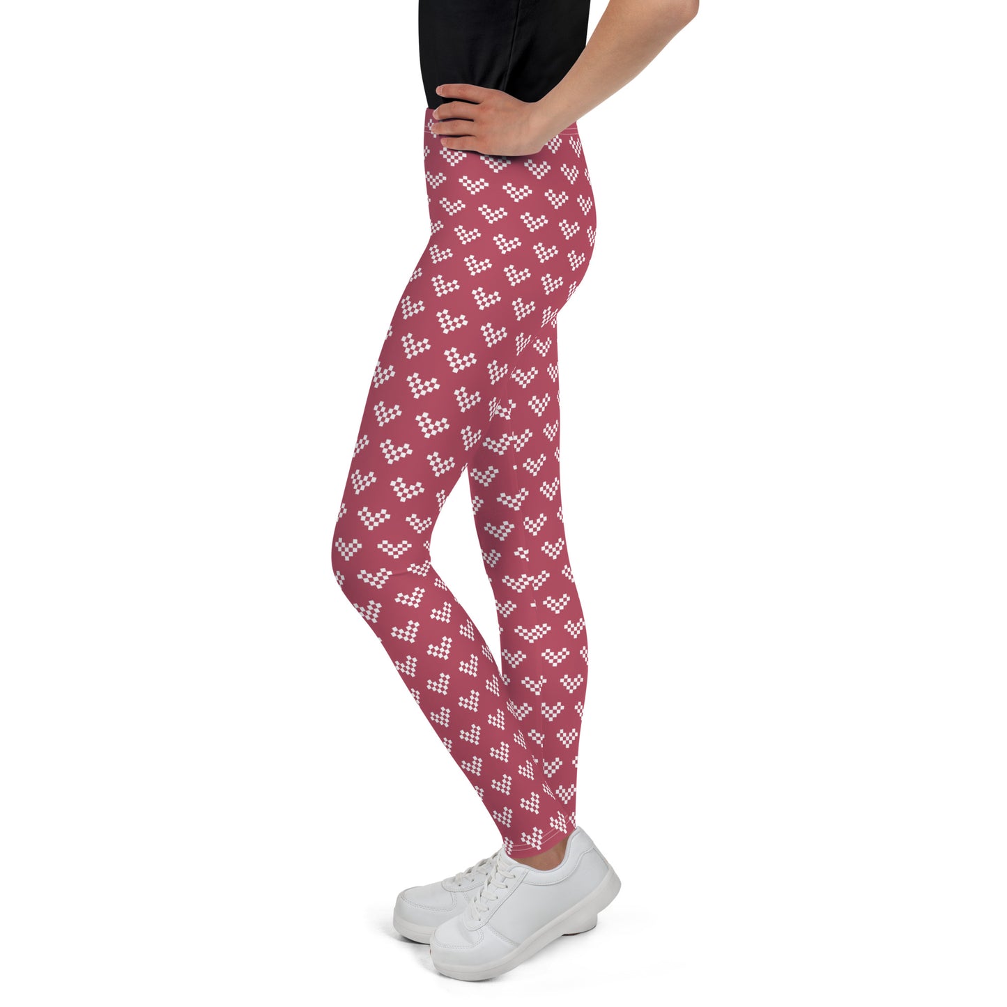 White Pixel Heart Youth Leggings - Dusty Pink