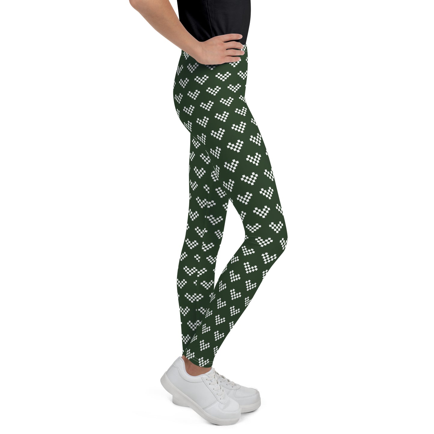 Pixel White Heart Leggings Youth - Army Green