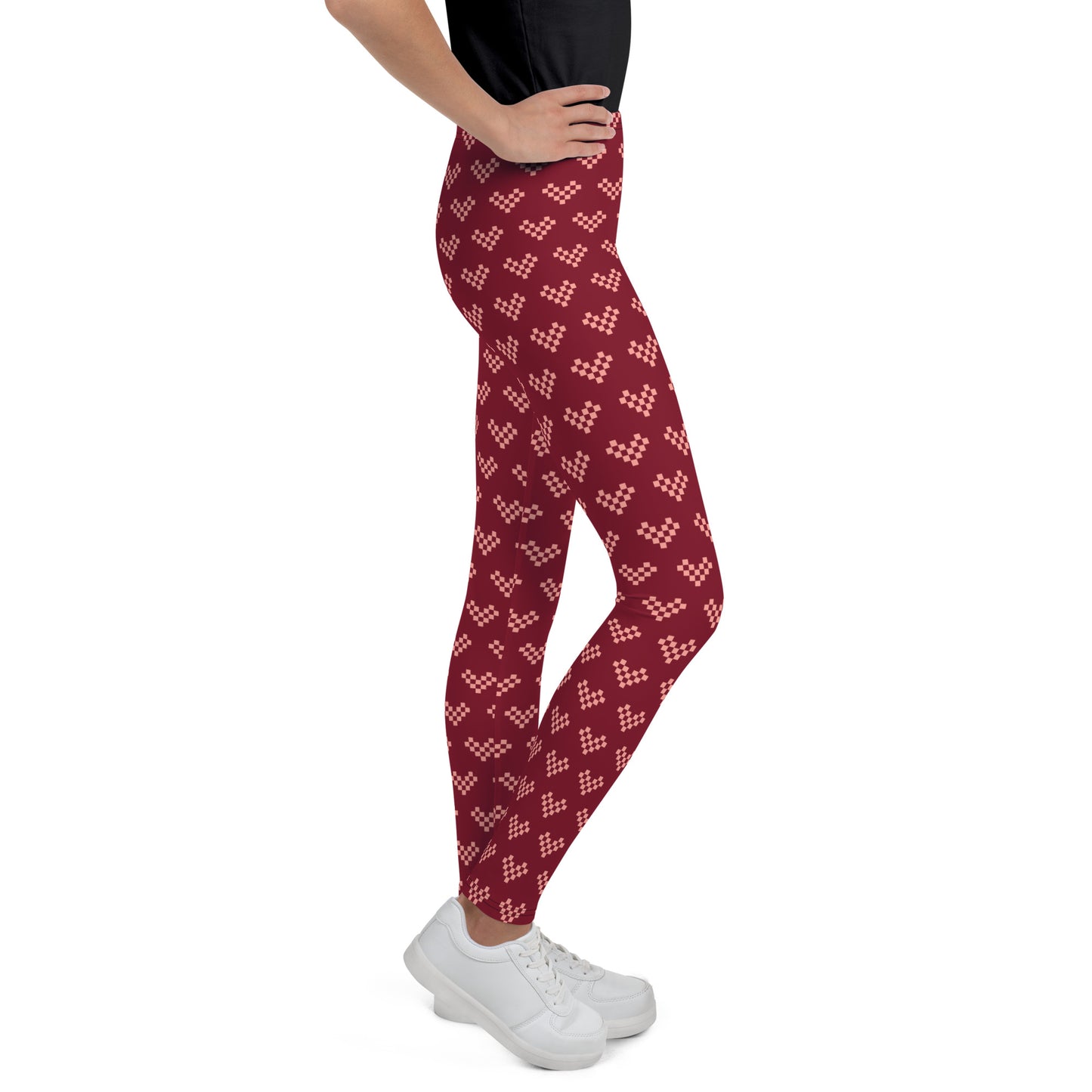 Pixel Pink Heart Leggings Youth - Burgundy