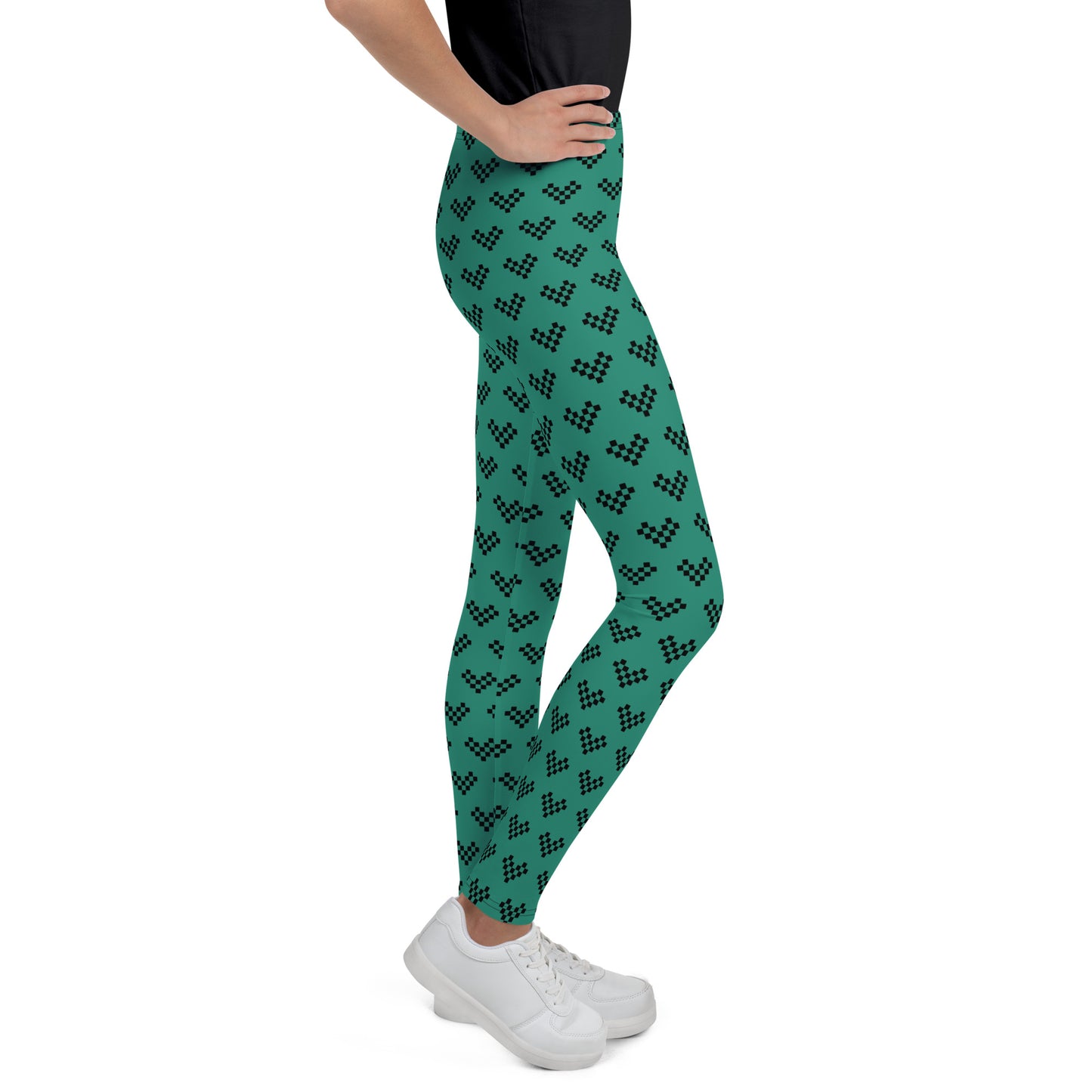 Pixel Black Heart Leggings Youth - Aqua